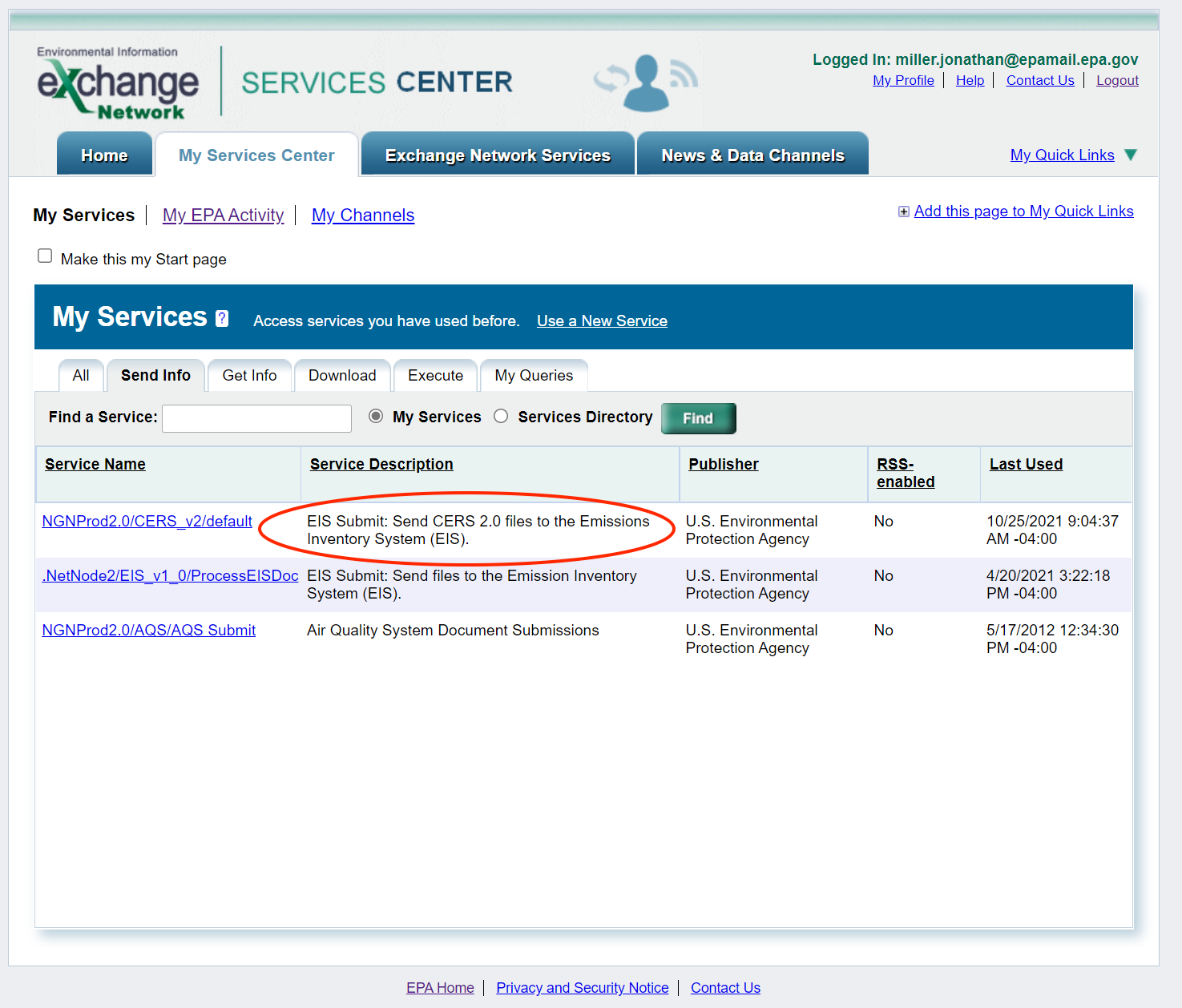 Image of the My Services page in My Services Center tab. The EIS Submit: CERS_v2 files to the Emissions Inventory System (EIS) service is circled in red.