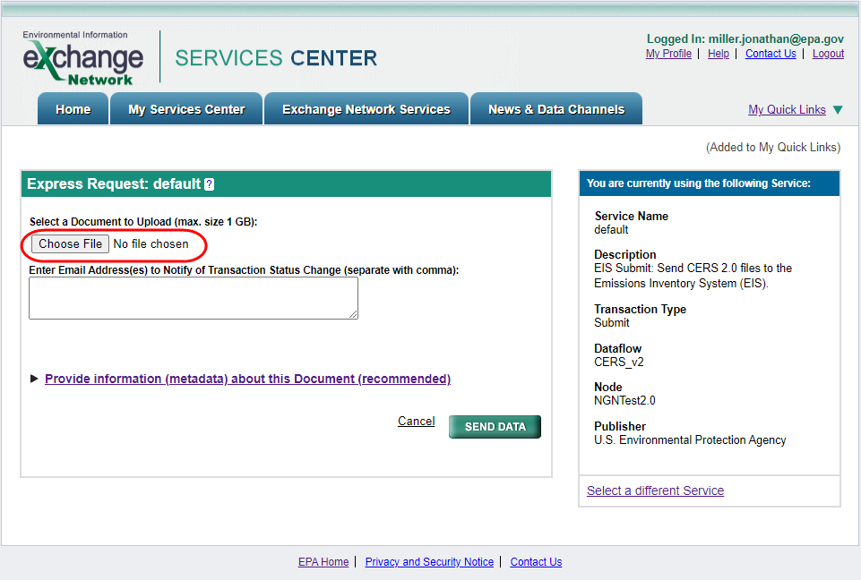 Image of the Express Request page. The Choose File button is circled in red.