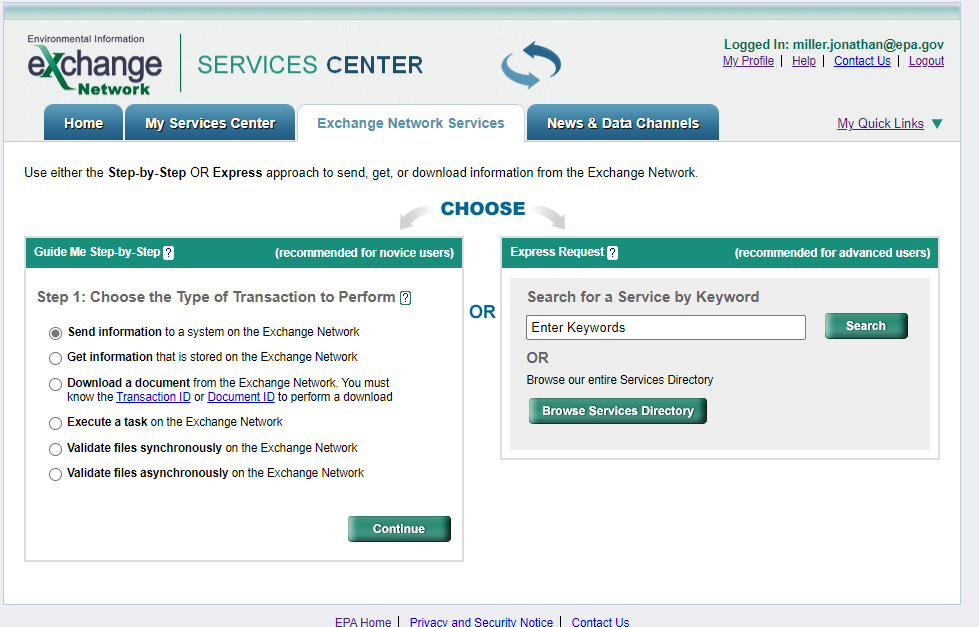 Image of the Exchange Network Services tab depicting the choice between Step-by-Step or Express approach