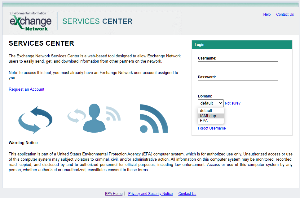 Image of the Exchange Network Services Center (ENSC) login page