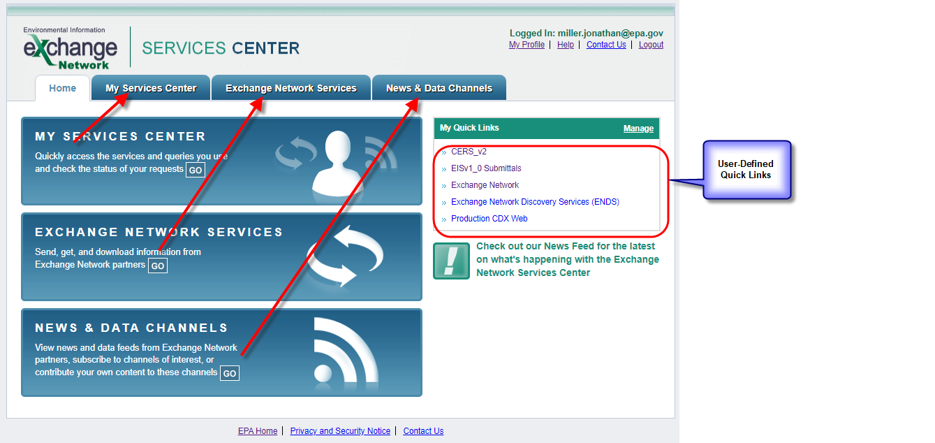 Image of the Exchange Network Services Center (ENSC) main menu