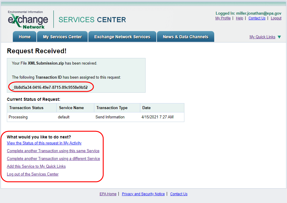 Image of the Request Received confirmation page. The transaction id and links at bottom are circled in red.