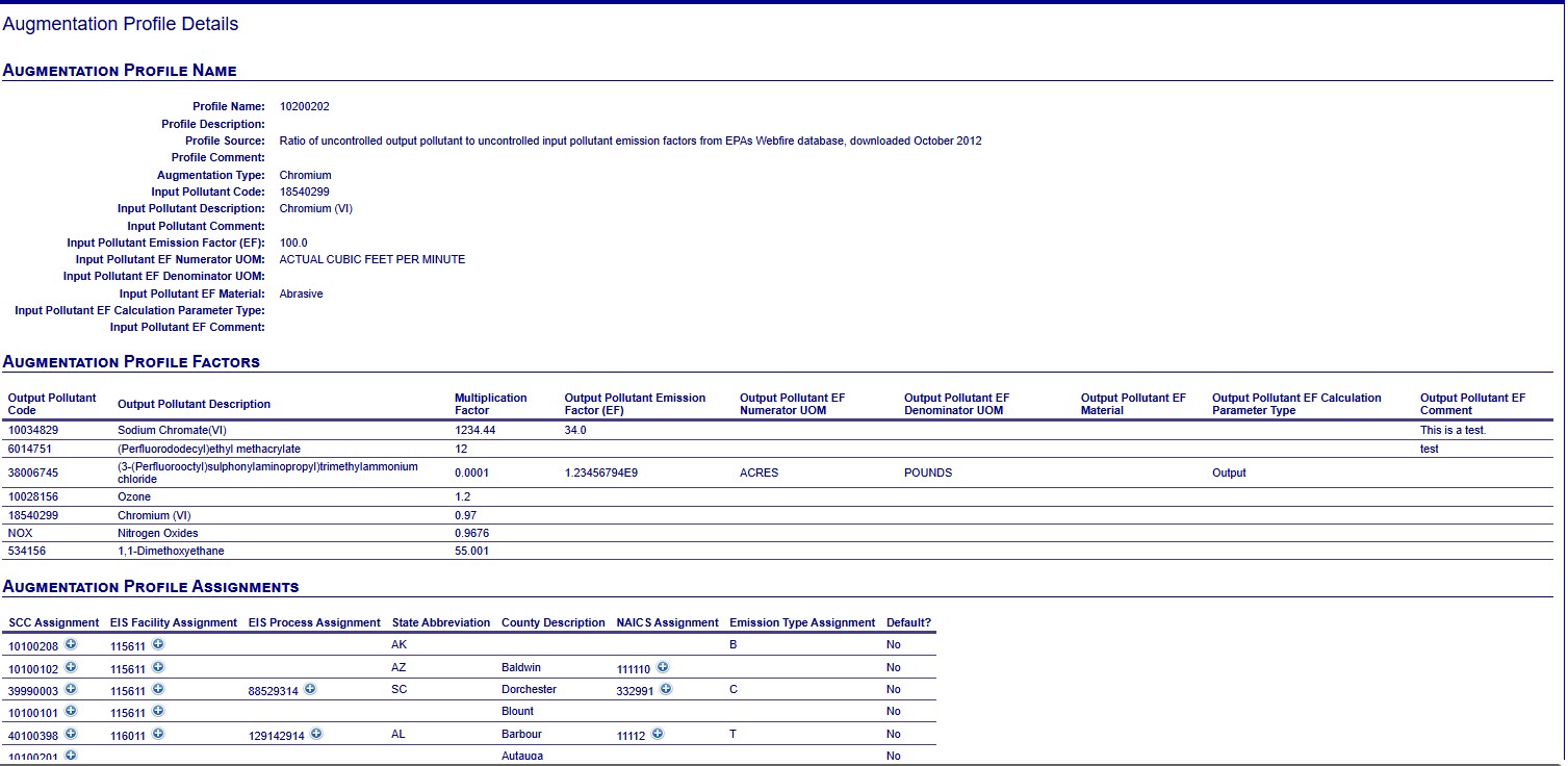 Image of the Augmentation Profile Details page showing name, factors, and assignments