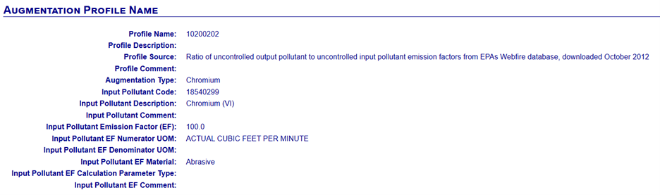 Each profile will have at least one input pollutant but may have more than
                                        one. The input pollutant determines the value that will be used to augment the data.